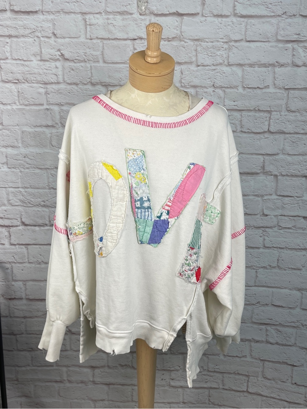 Free People x Tricia Fix Camden Patchwork Quilted Love Ivory Sweatshirt Size S - Picture 2 of 12